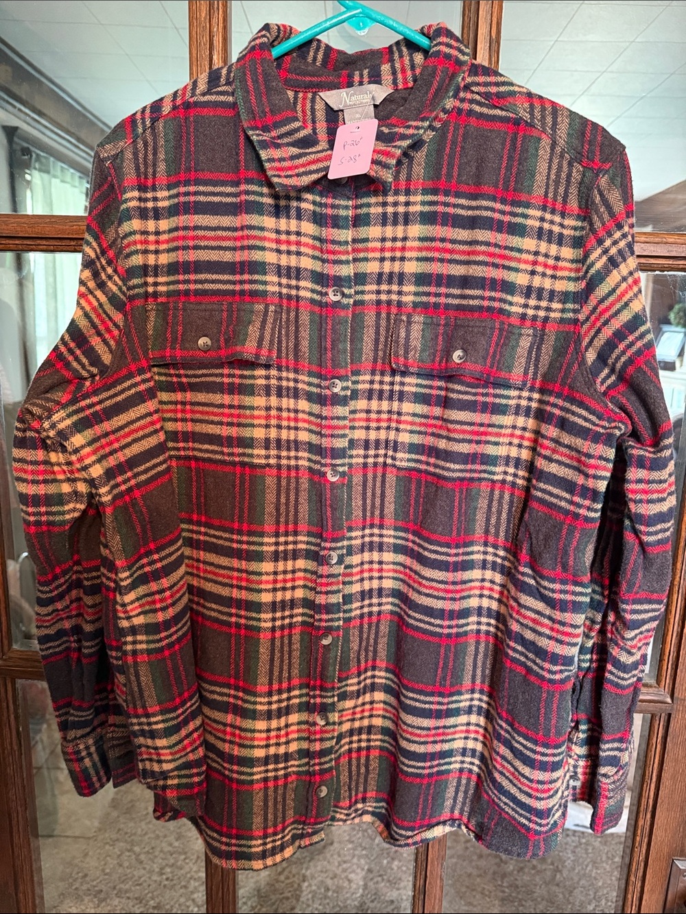 Natural Reflections Womens XL Flannel Plaid Button Down Shirt Red Navy Cotton